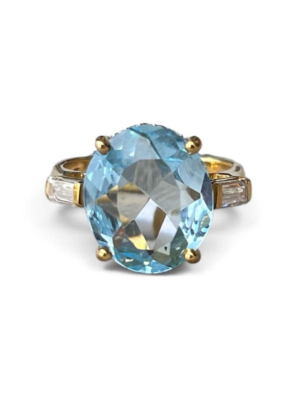 Gold Over Sterling Silver Large Oval Blue Topaz & White Topaz & Moissanite Ring